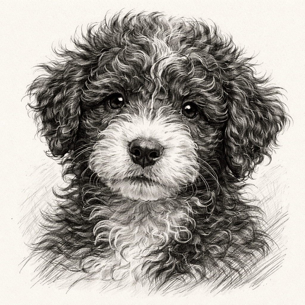 Spanish Water Dog with natural corded coat — illustrative pencil drawing